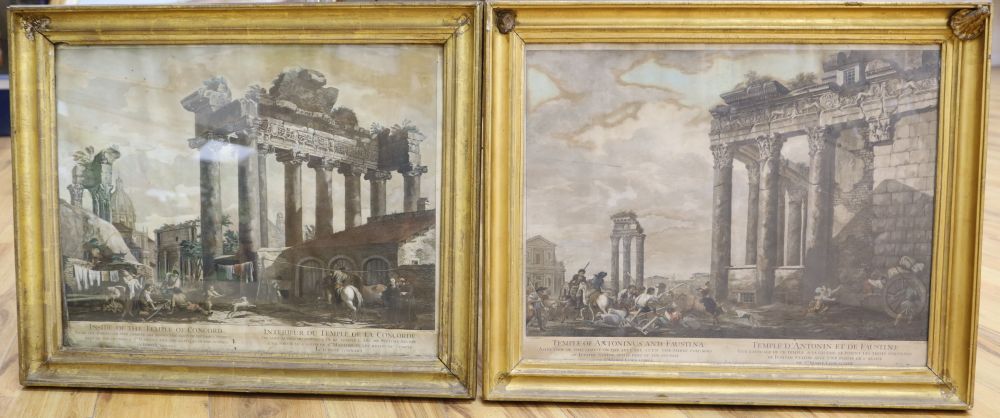 A pair of 18th century coloured engravings, after Clerisseau, Inside the Temple of Concord and Temple of Antoninus and Falstina, 45